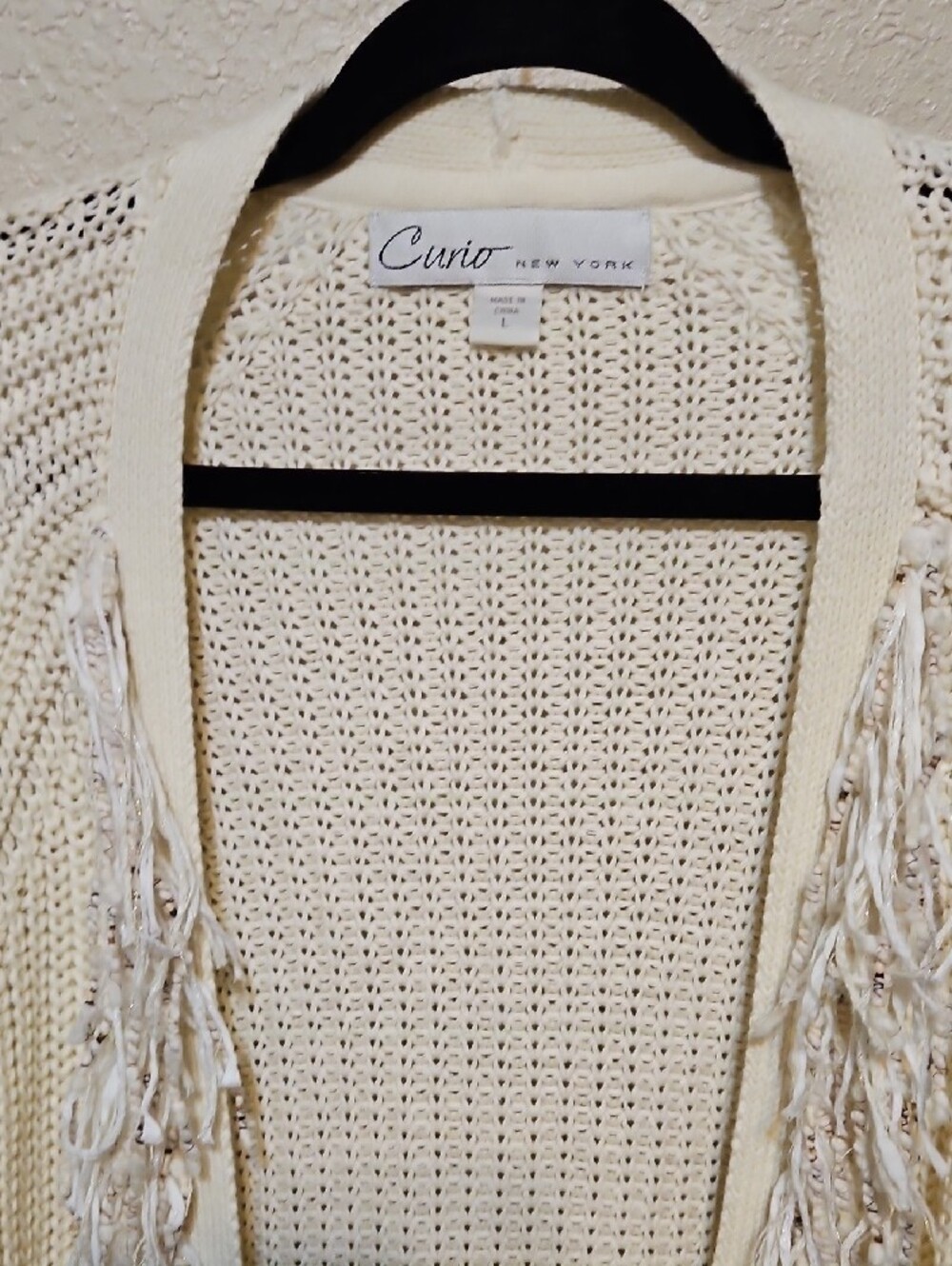 Curios Open-Front Fringe Knit Cardigan in Light Cream - Picture 5 of 10